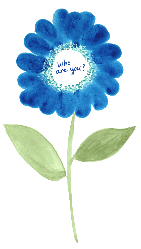 Blue thumbprint flower with the words who are you