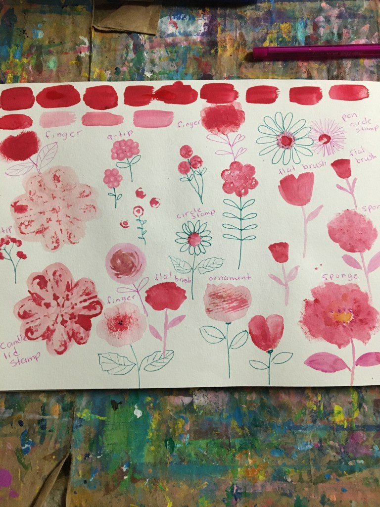 Use red tempera paint to sketch flowers.