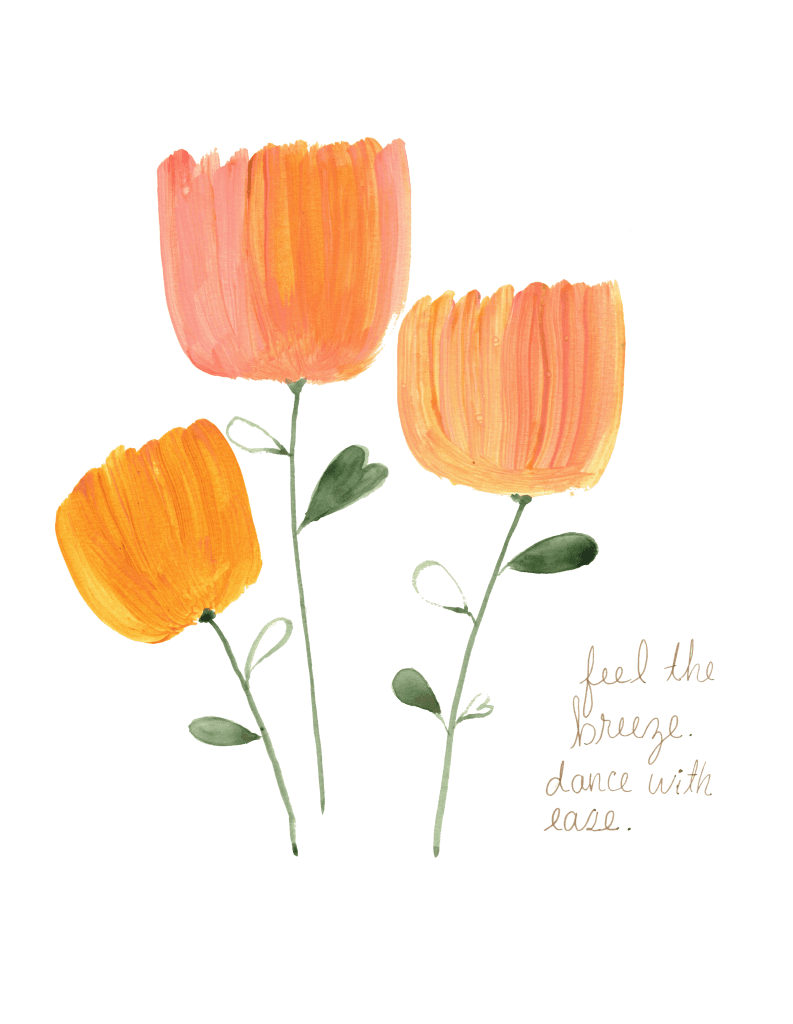 three peach yellow blooms with the words feel the breeze dance with ease.