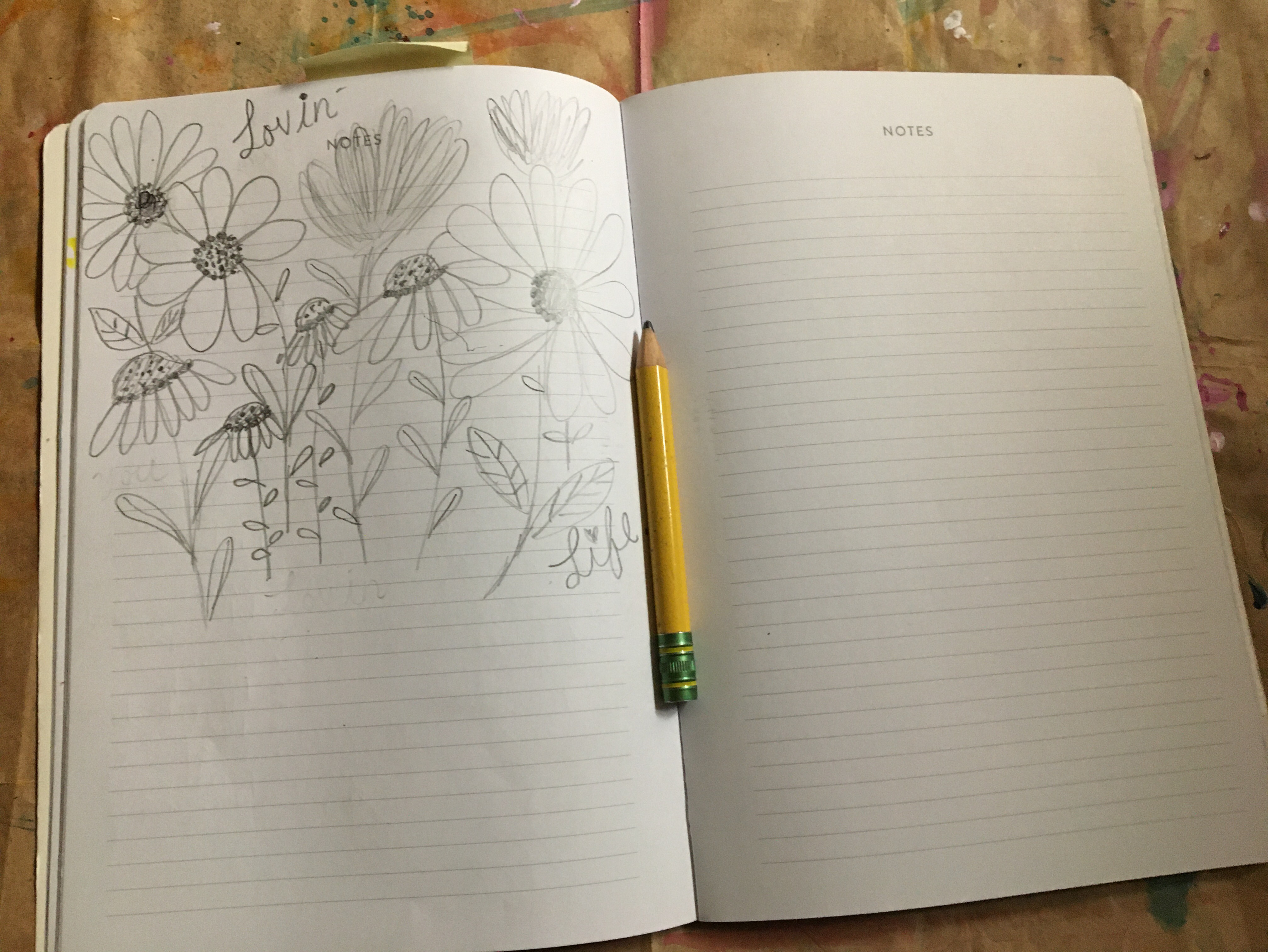 pencil sketch of flowers and the words Lovin' Life