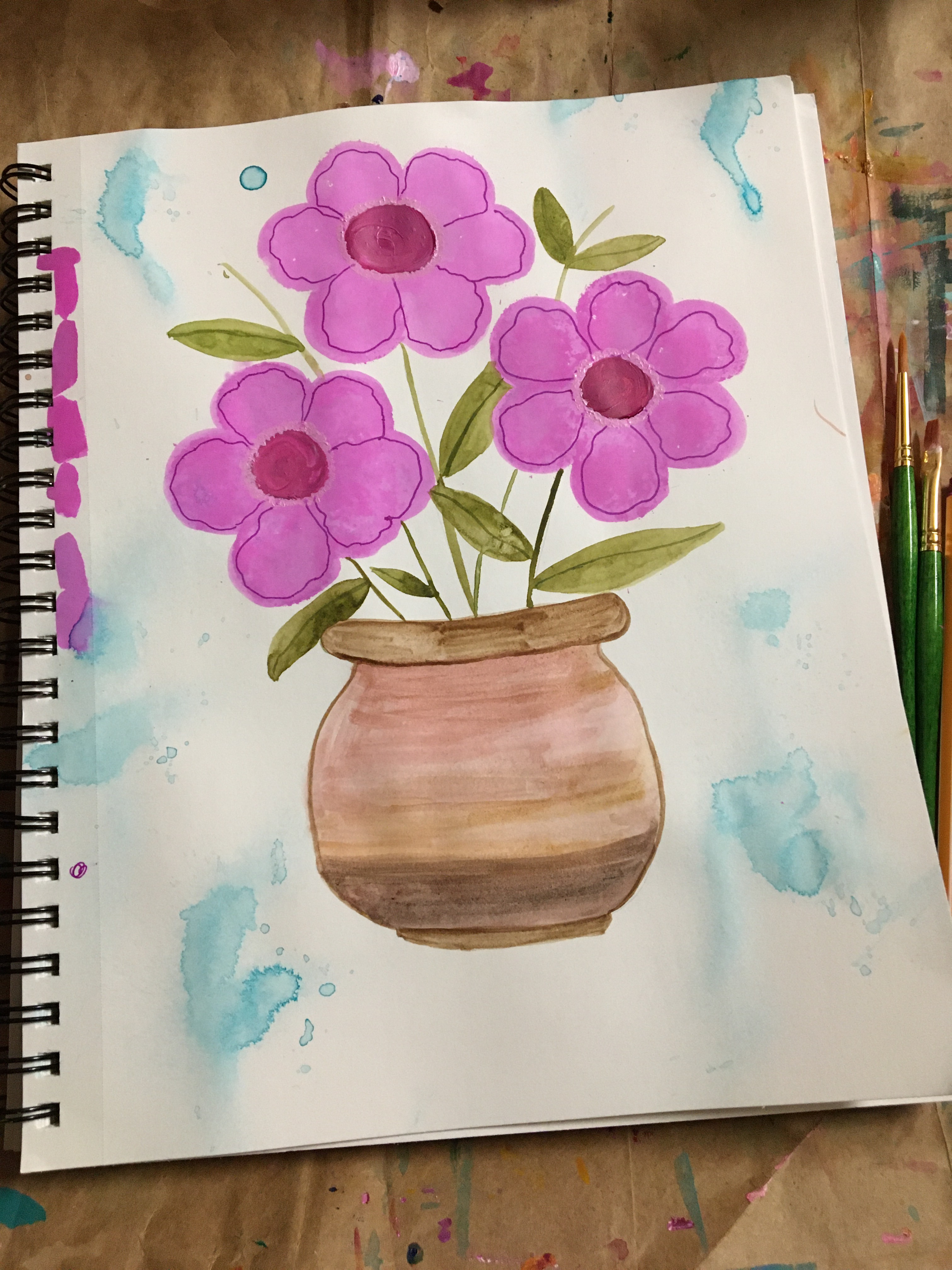 three blooms in a ceramic pot-painted with mixed media