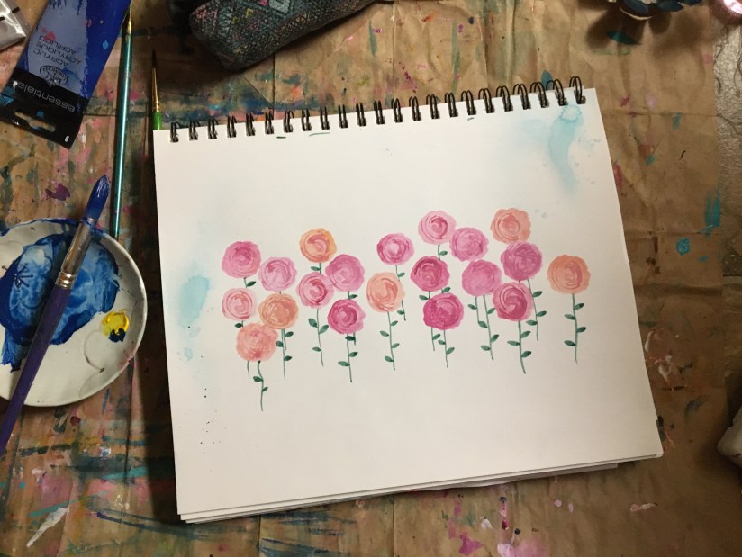 Ornament stamped flowers with pink acrylic paint