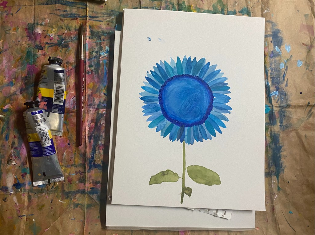 Blue sunflower painted with various shades of blue