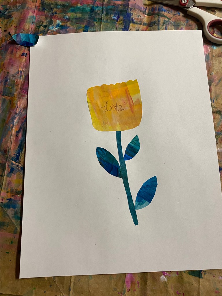 yellow collage flower with the words let's written inside