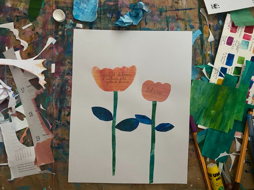 two orange paper collage flowers with a you will boom quote inside them