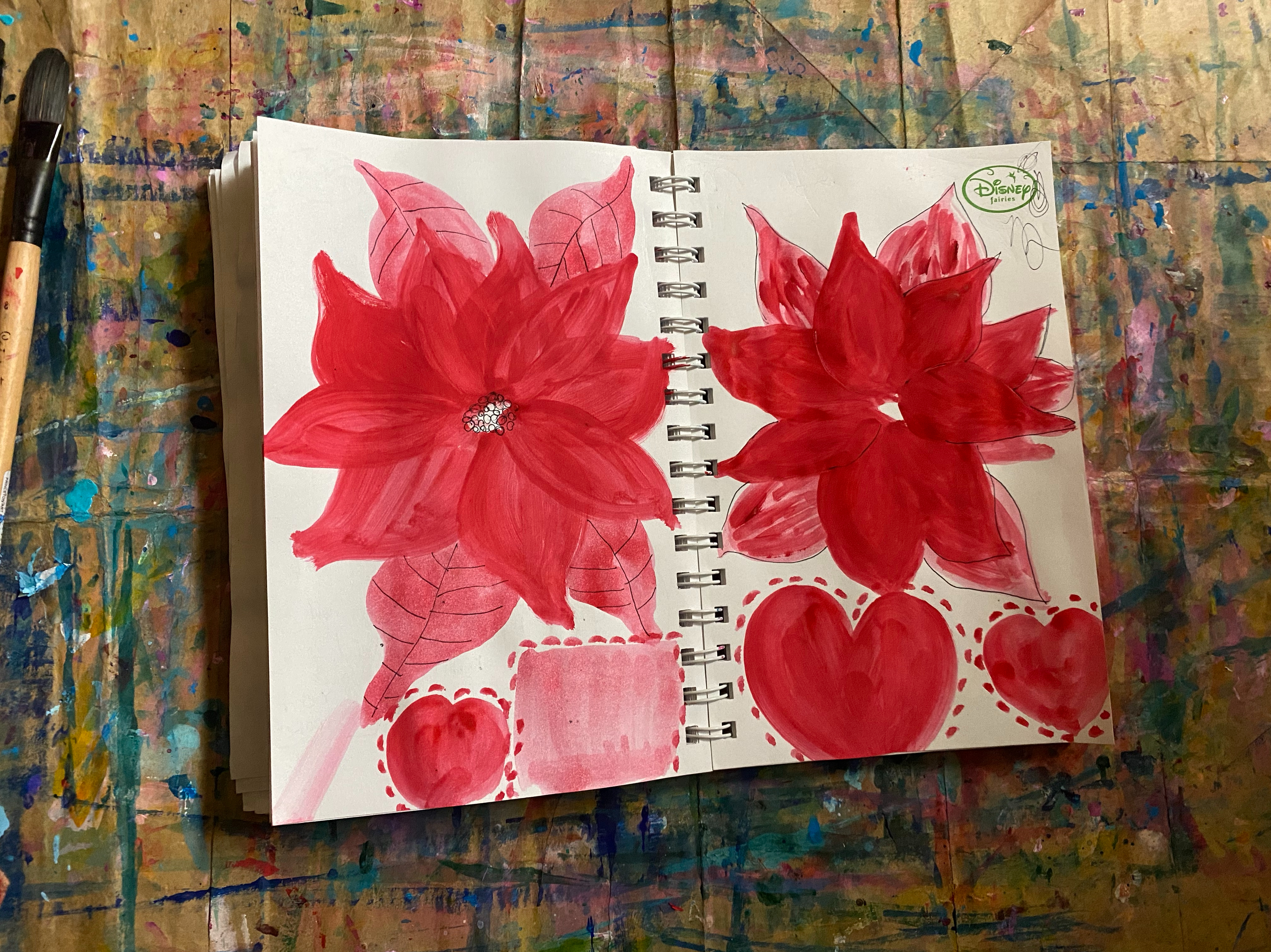 Two red flowers showing practice with brush strokes and lines