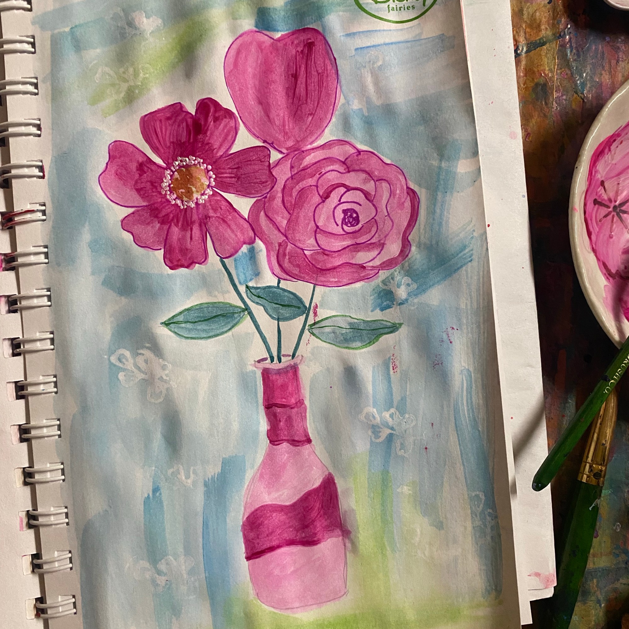 viva magenta flowers in vase sketch