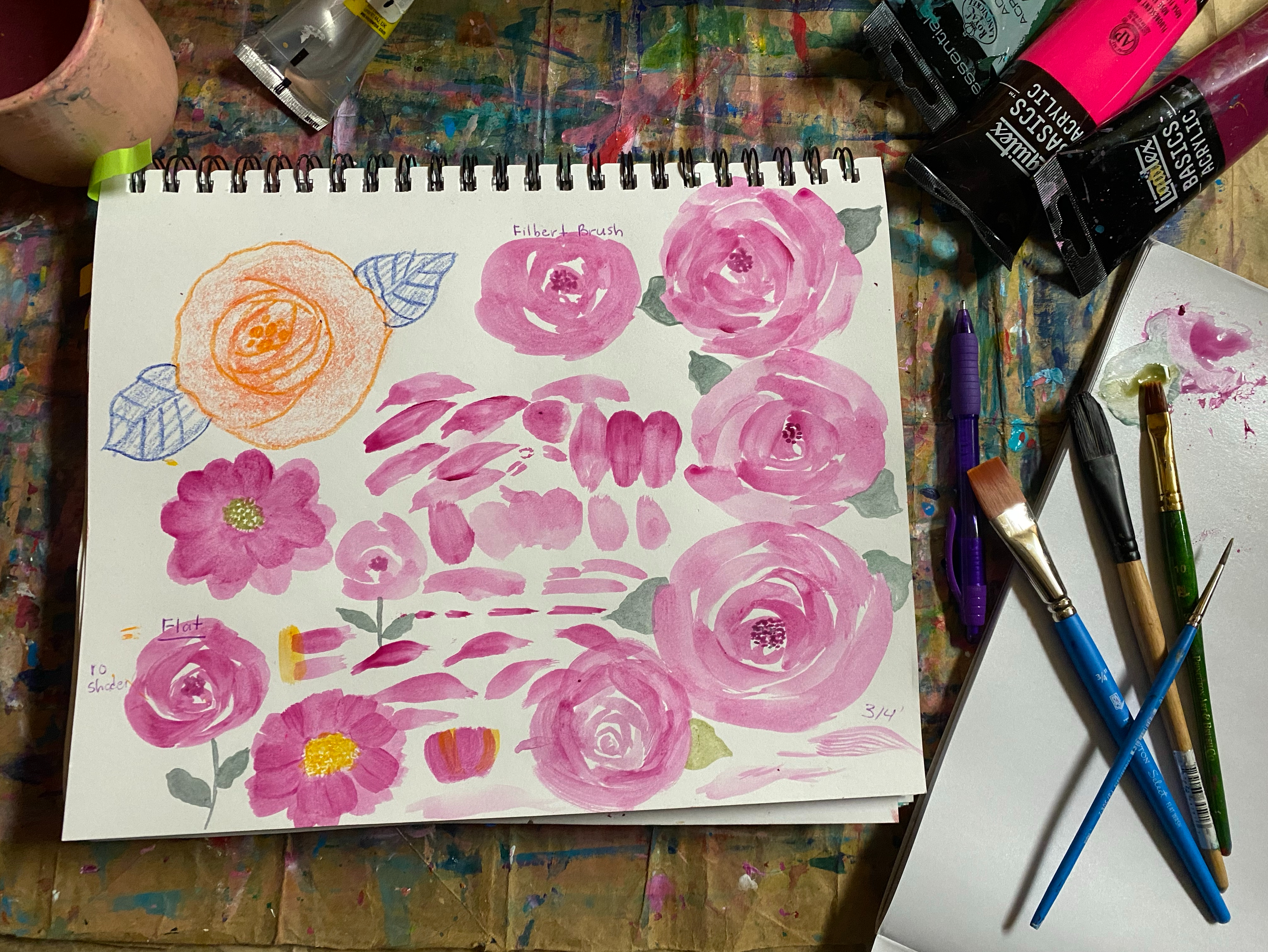 painting roses using different brushes.