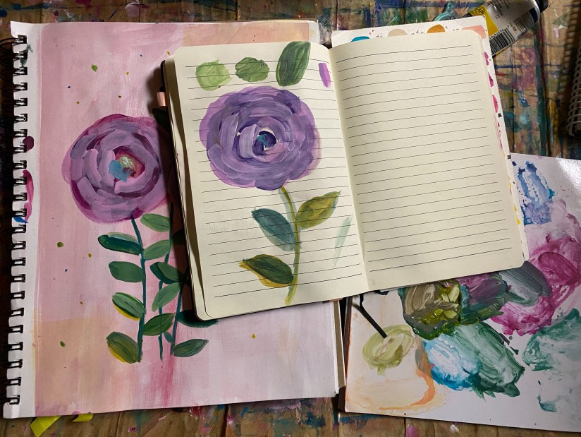 A sketch of two purple roses on a peach background