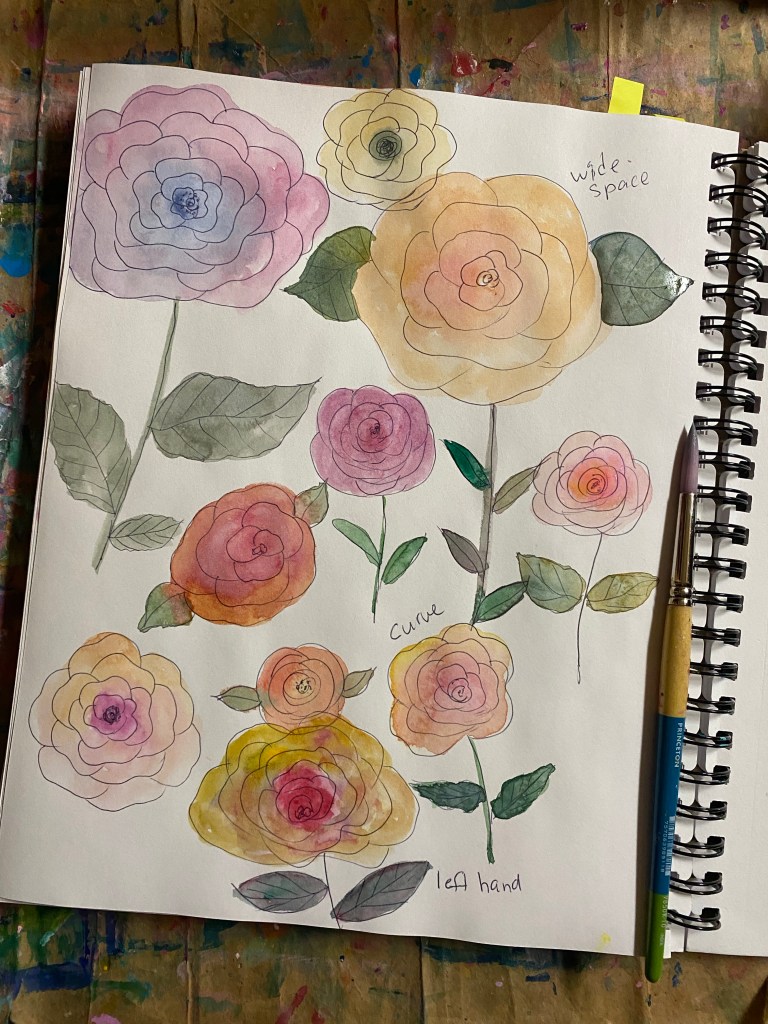 Various colorful watercolor rose doodles