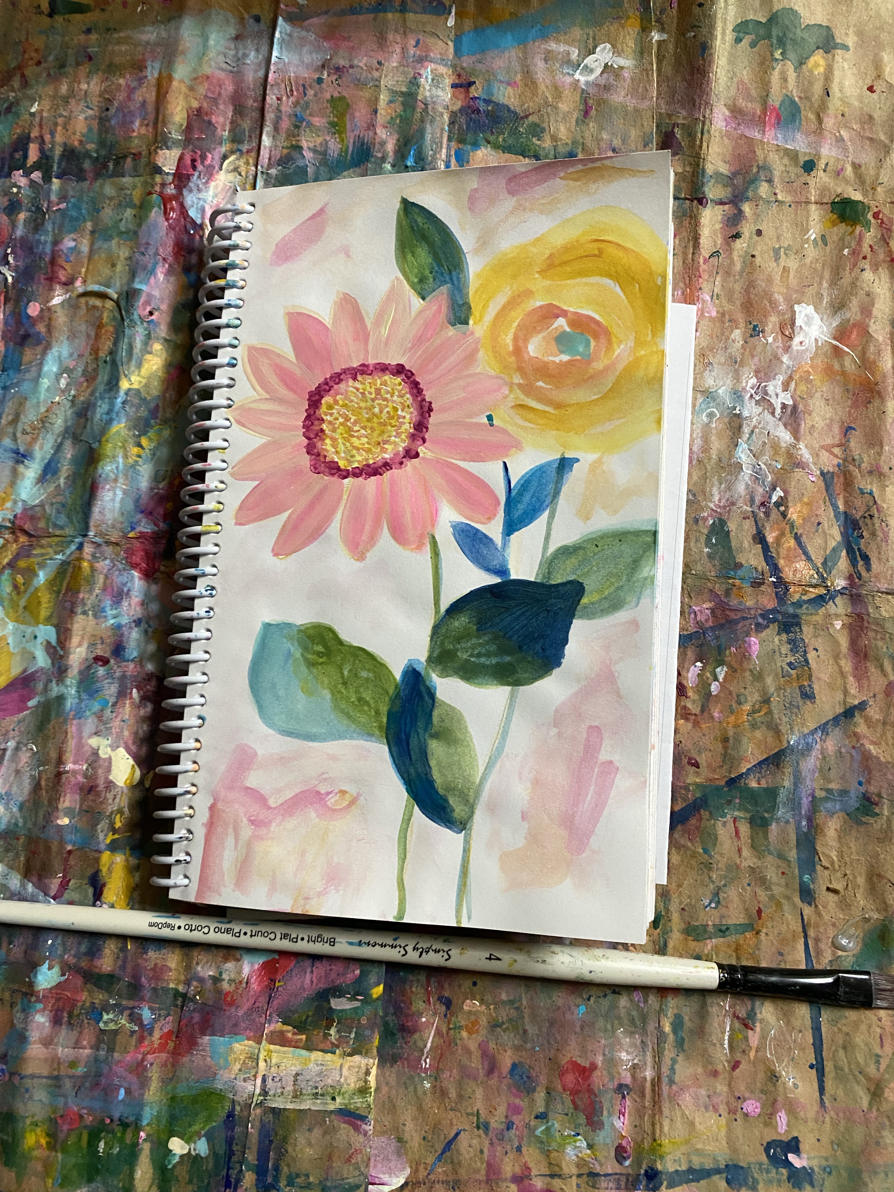 pik sunflower and yellow rose painted with acrylic