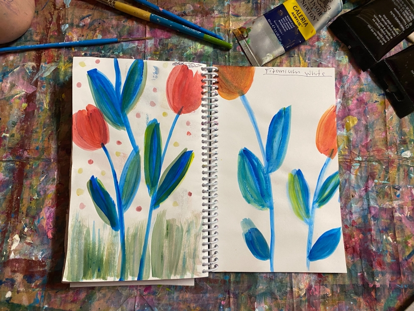 painting two flower paintings to comapre to compare white vs. mixing white