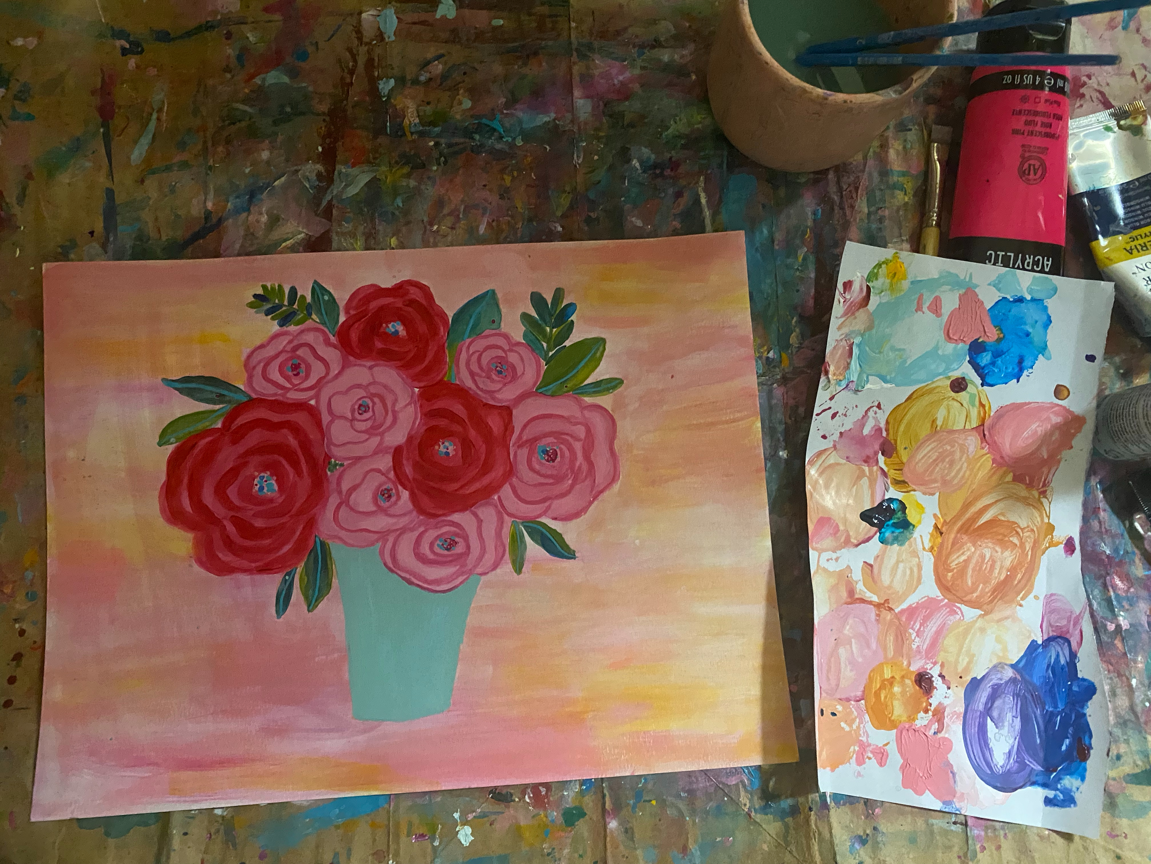 An expressive acrylic painting of pink roses