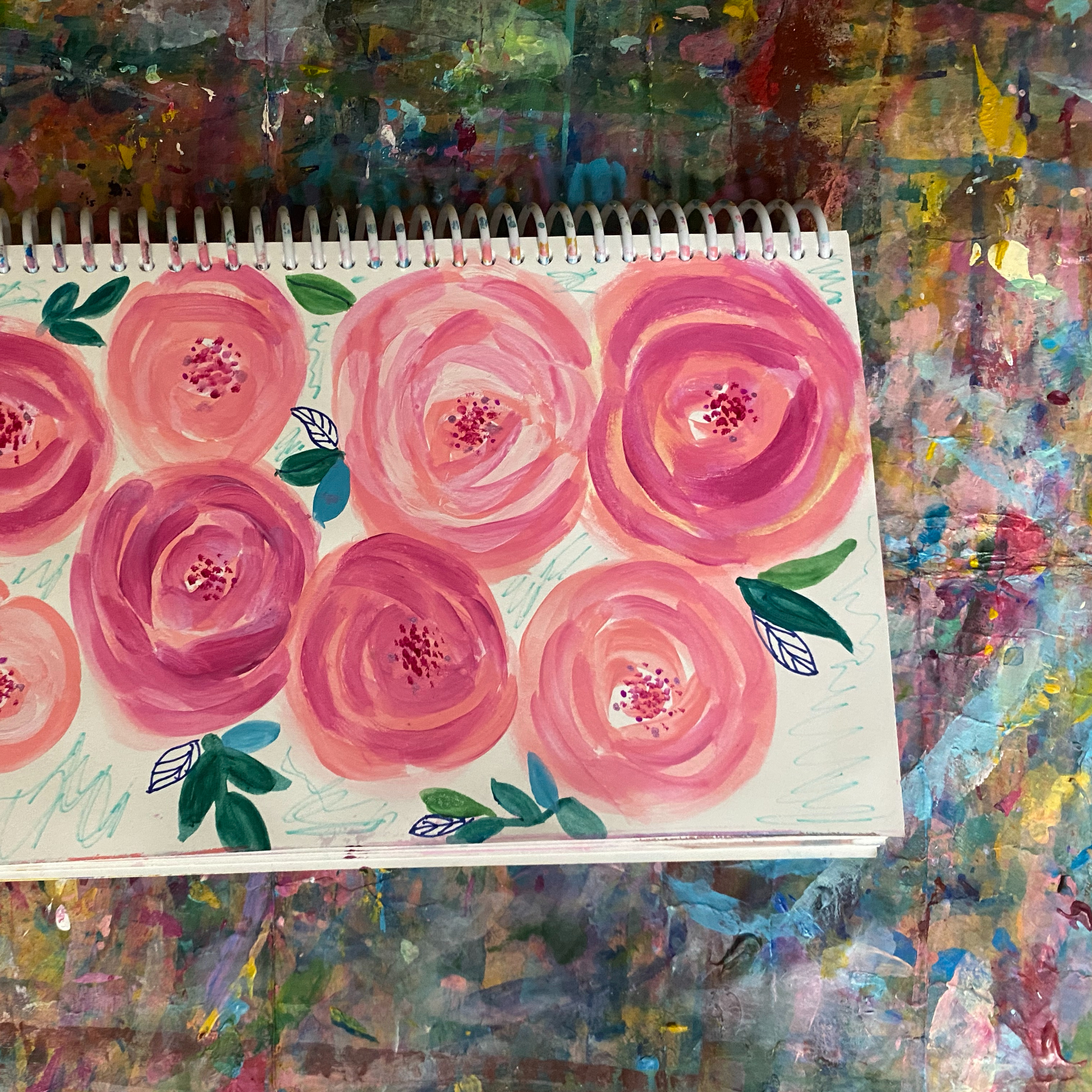 pink abstract roses painted with acrylic paint