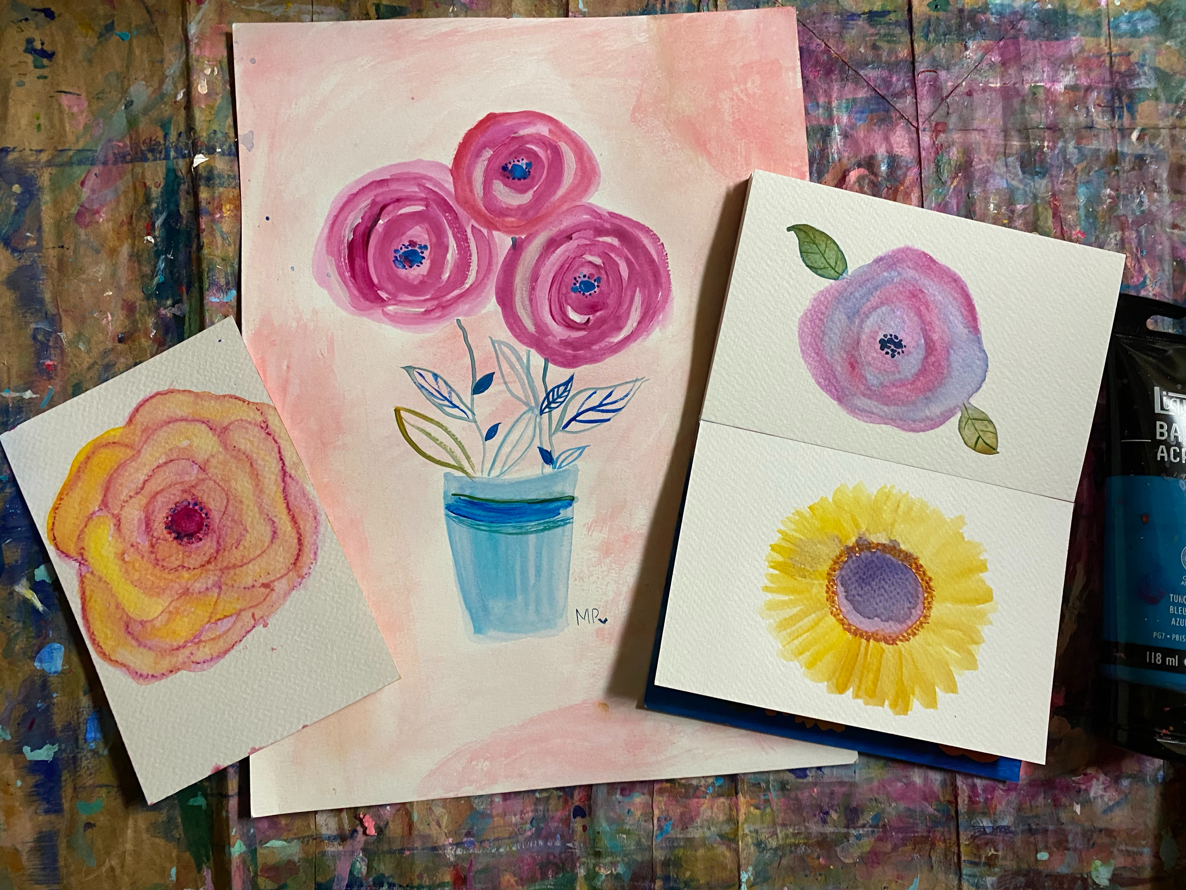 flour doodles in watercolor and acrylic paint