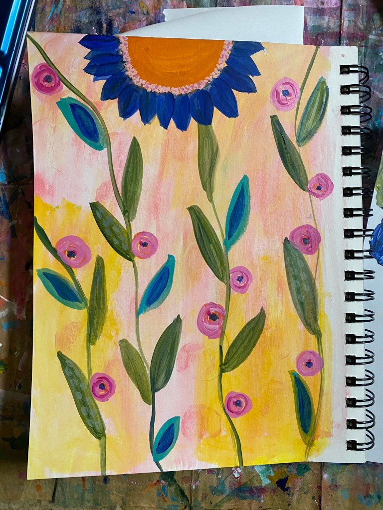 blue sunflower with pink flowers