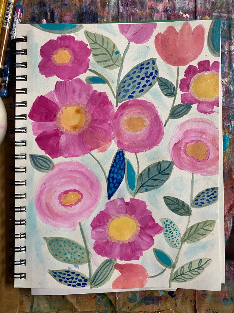 Nine beautiful magenta flowers surrounded by vines of green and blue