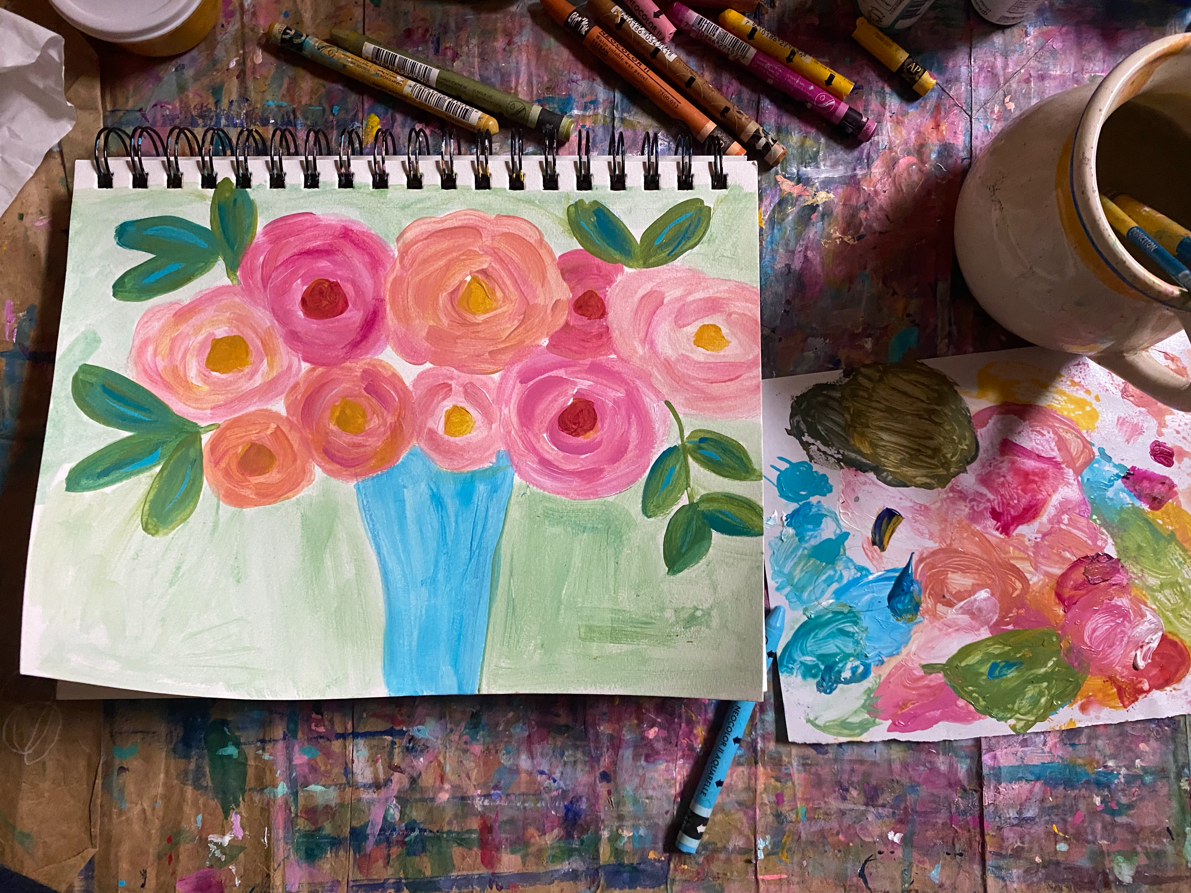 nine roses in a blue vase painted with acrylic and gouache paint