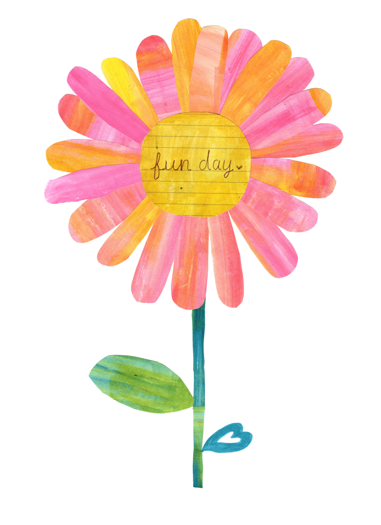 a big flower with pink and peach petals. In the center are written words fun day.