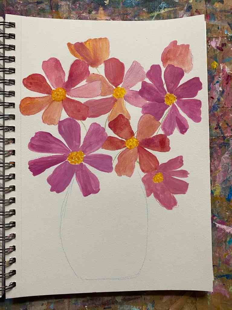 eight pink and orange acrylic paint flowers in a vase sketch