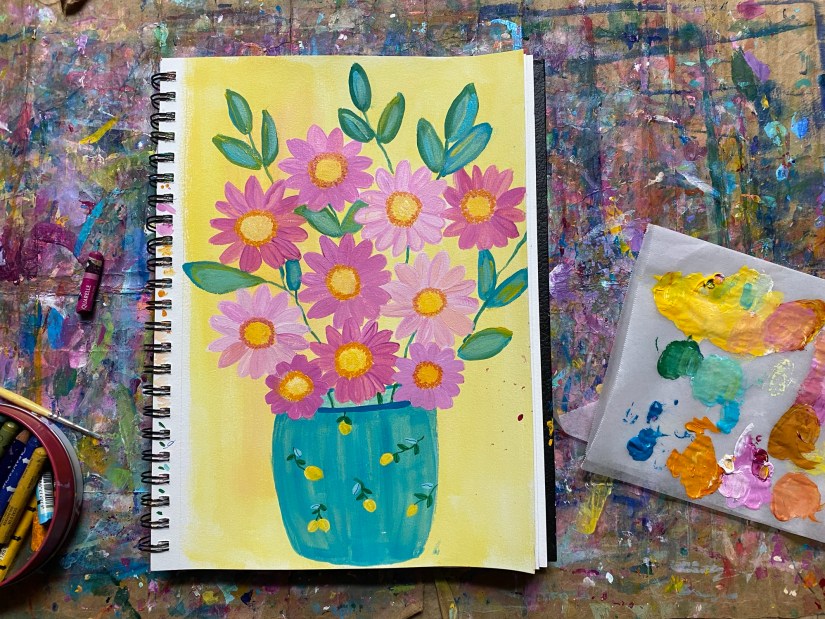 10 Pink Daisies with leaves in blue vase abstract painting