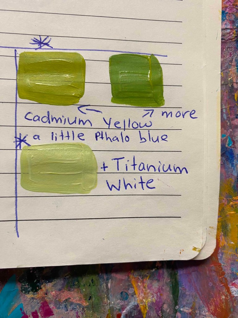 Mixing colors like gold green and pistachio with acrylic paint