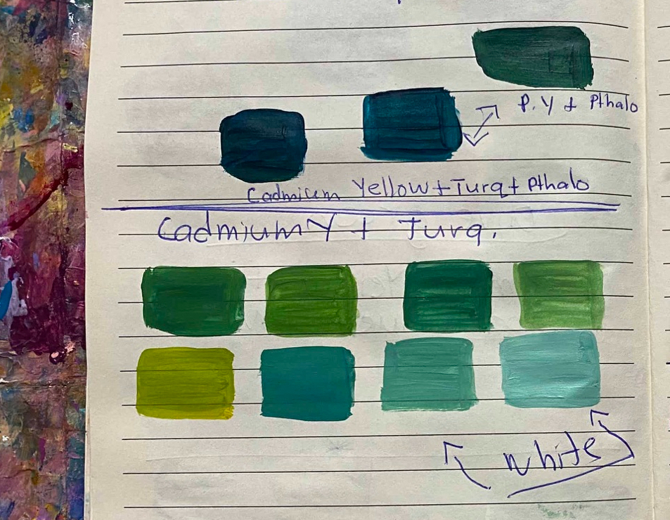 mixing dark greens and other greens with acrylic paint