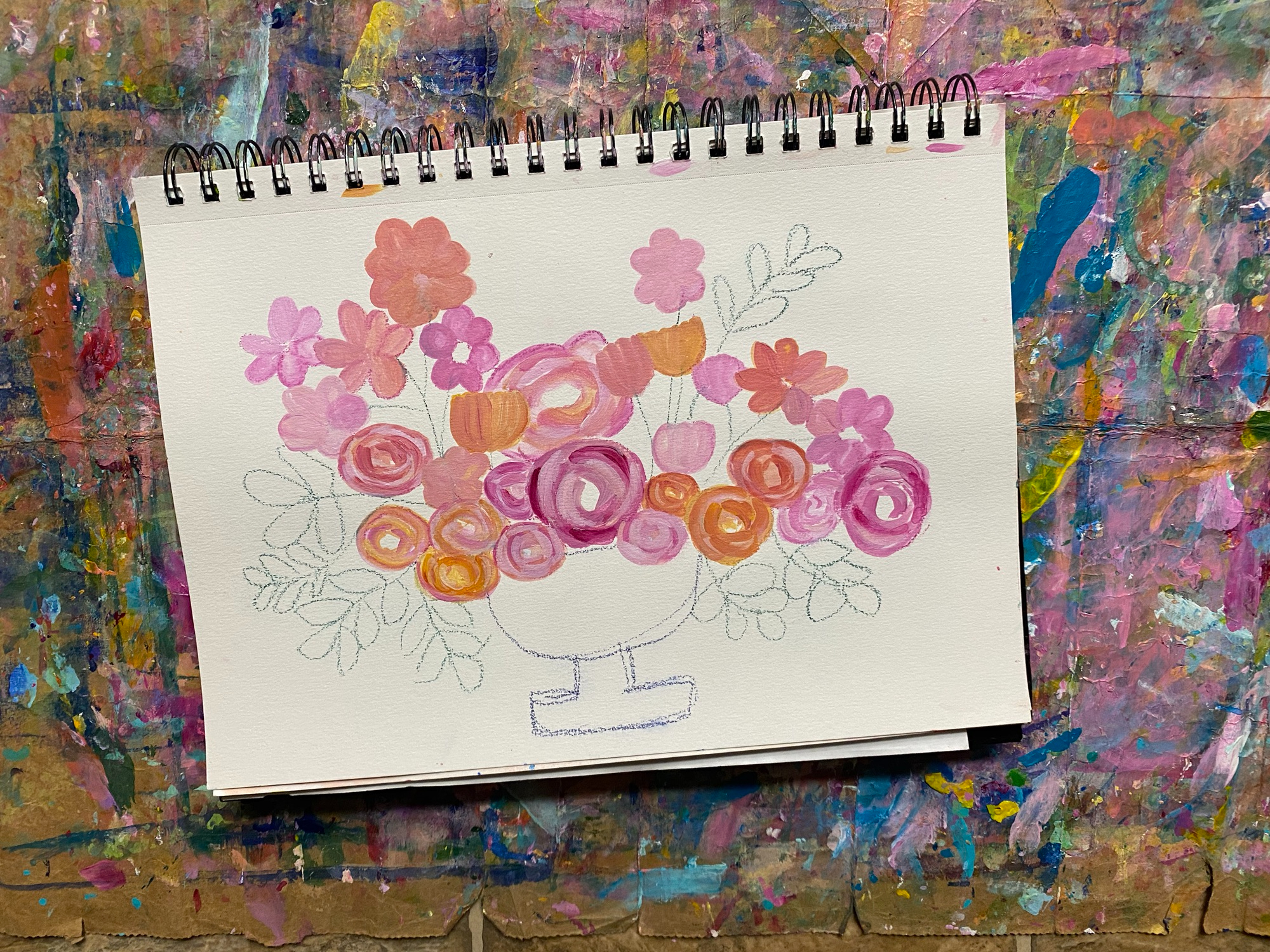 Abundant flowers painting with pink monotones.