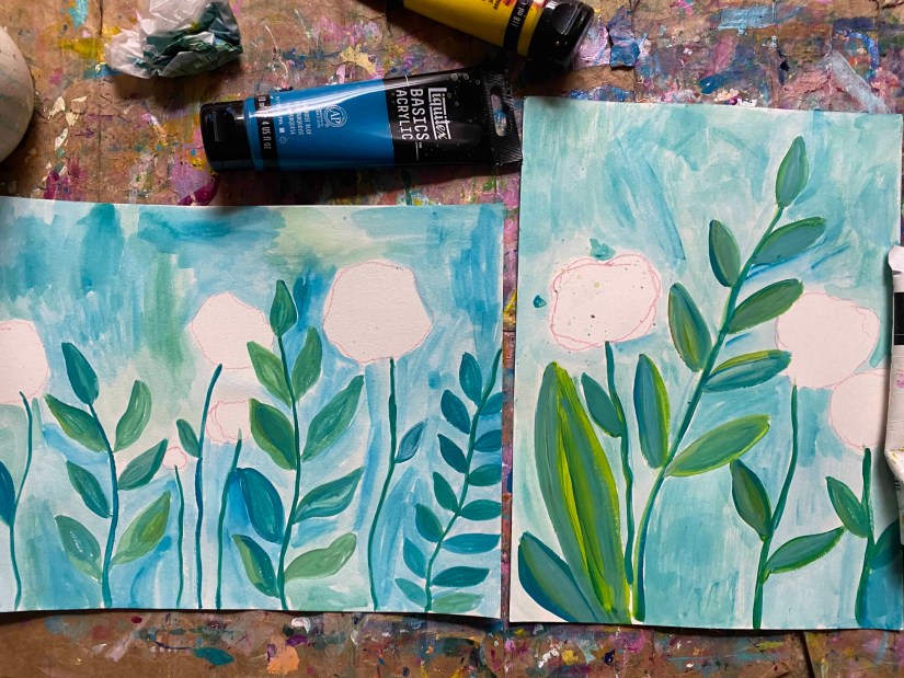 Two paintings showing painted textured leaves