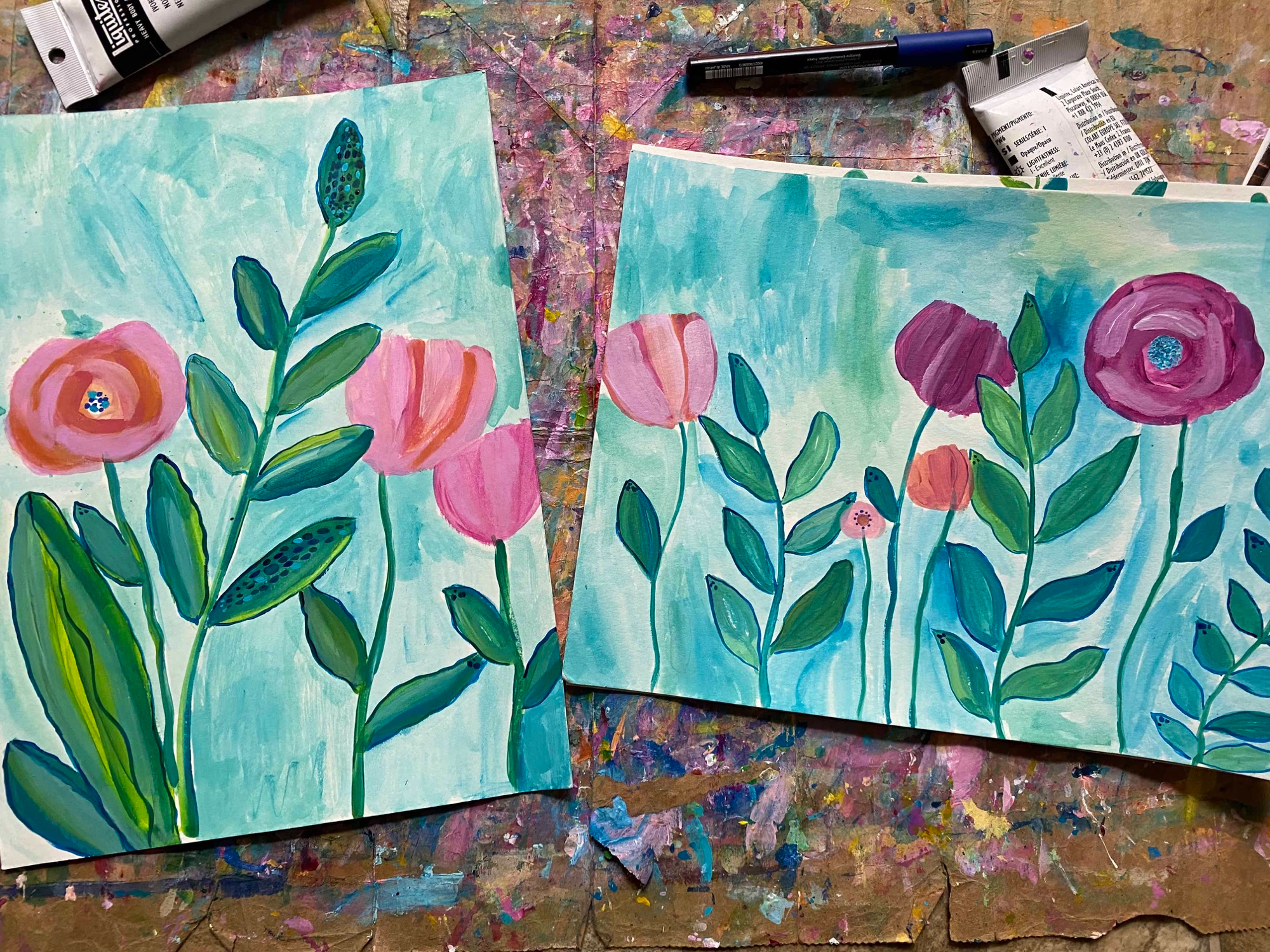 two botanical leave and flower paintings