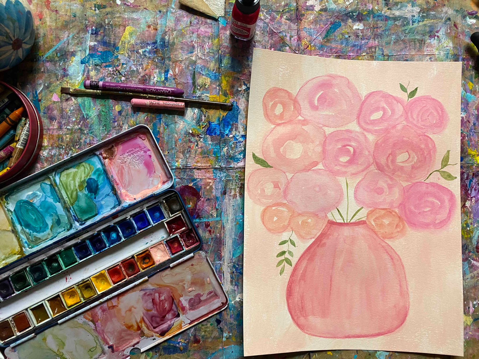 painting of a pink vase with many pink roses