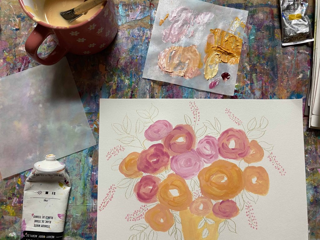 Peach & Pink Roses in Yellow&nbsp;Vase