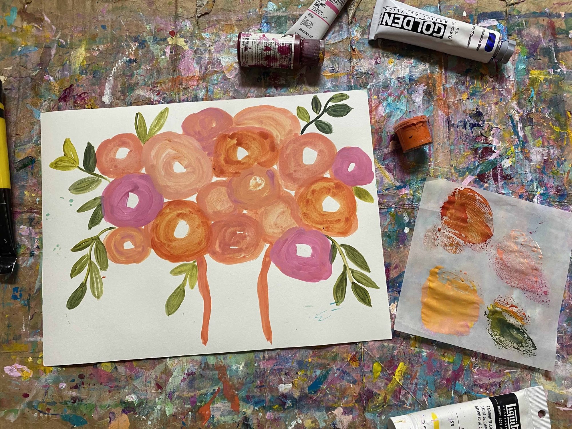 Finger Painting Flowers with Acrylic Paint and Watercolor