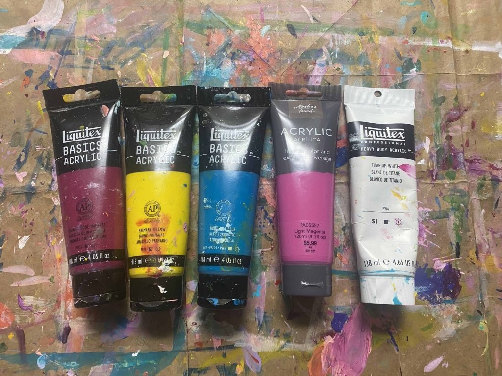 These are the acrylic paint colors I use to mix my color palette. 