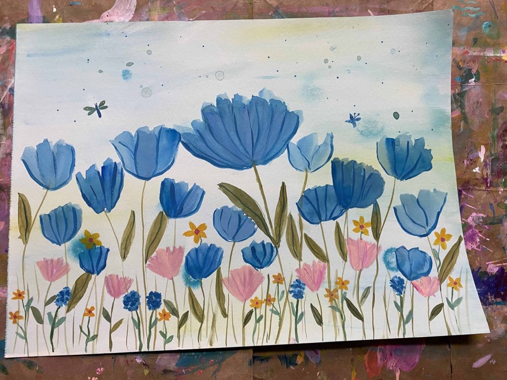 blue wildflowers with pink and orange flowers