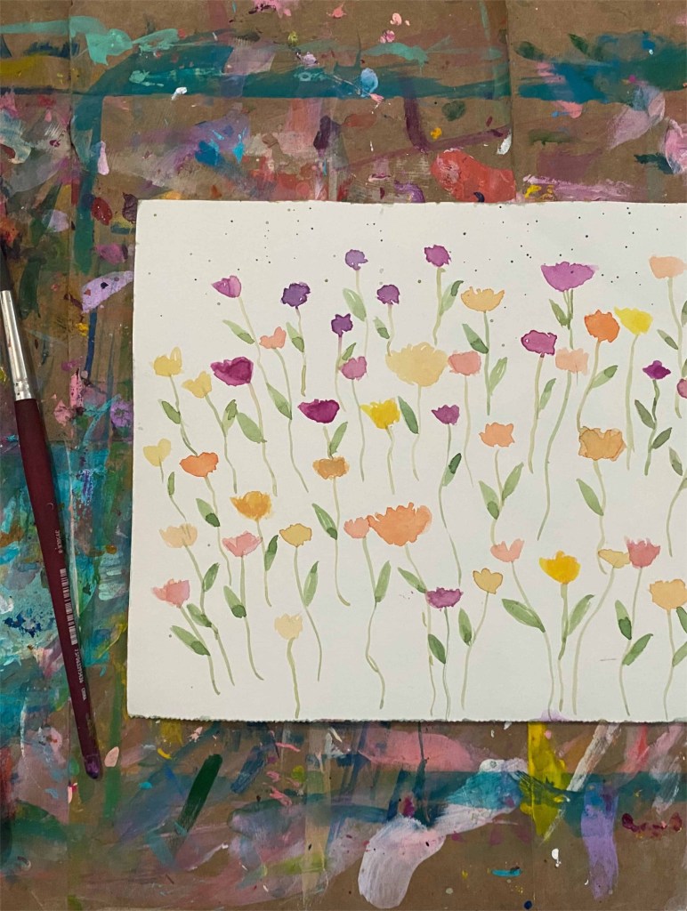 watercolor wildflowers pattern in violet, yellow and peach colors