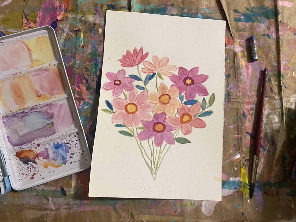 Watercolor flower bouquet of pink peach and red flowers