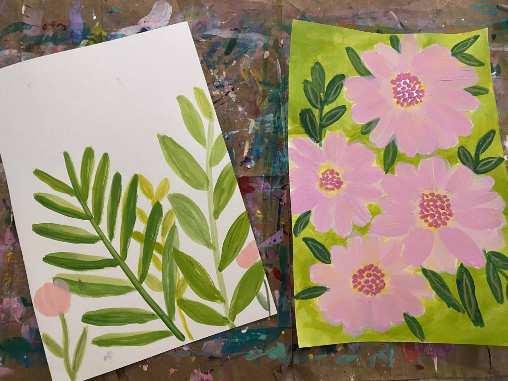 Pink abstract flowers with n lime green background