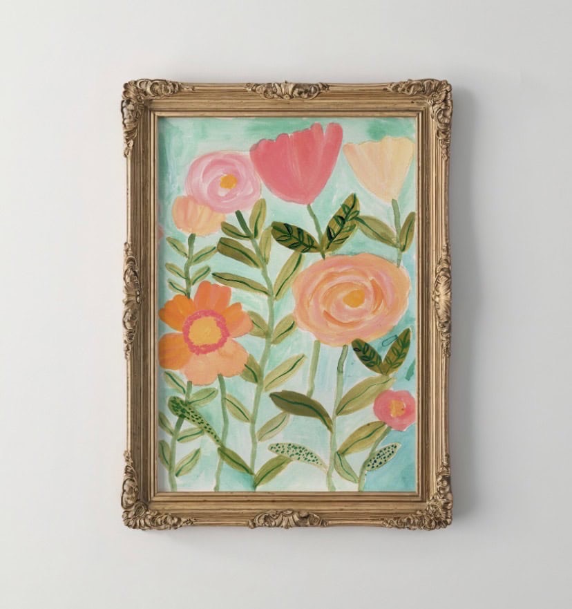 Pink and orange botanical abstract garden flowers print