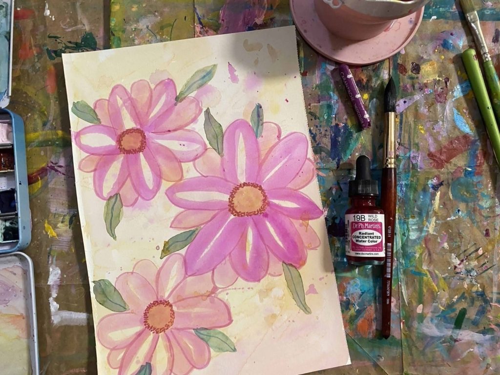 Pink wild rose watercolor flowers