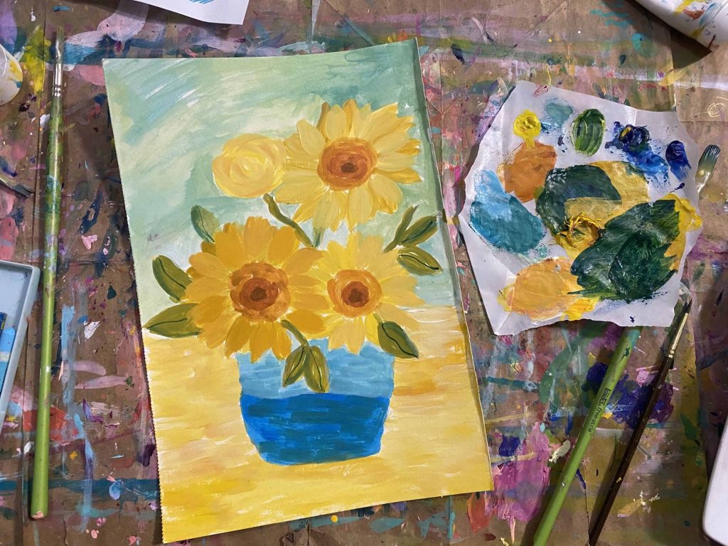 Painting an abstract loose version of Van Gogh’s sunflowers